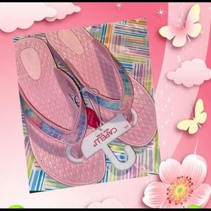 girls flip flops NWT Pink, nice soles, mermaid scales accents size 3/4